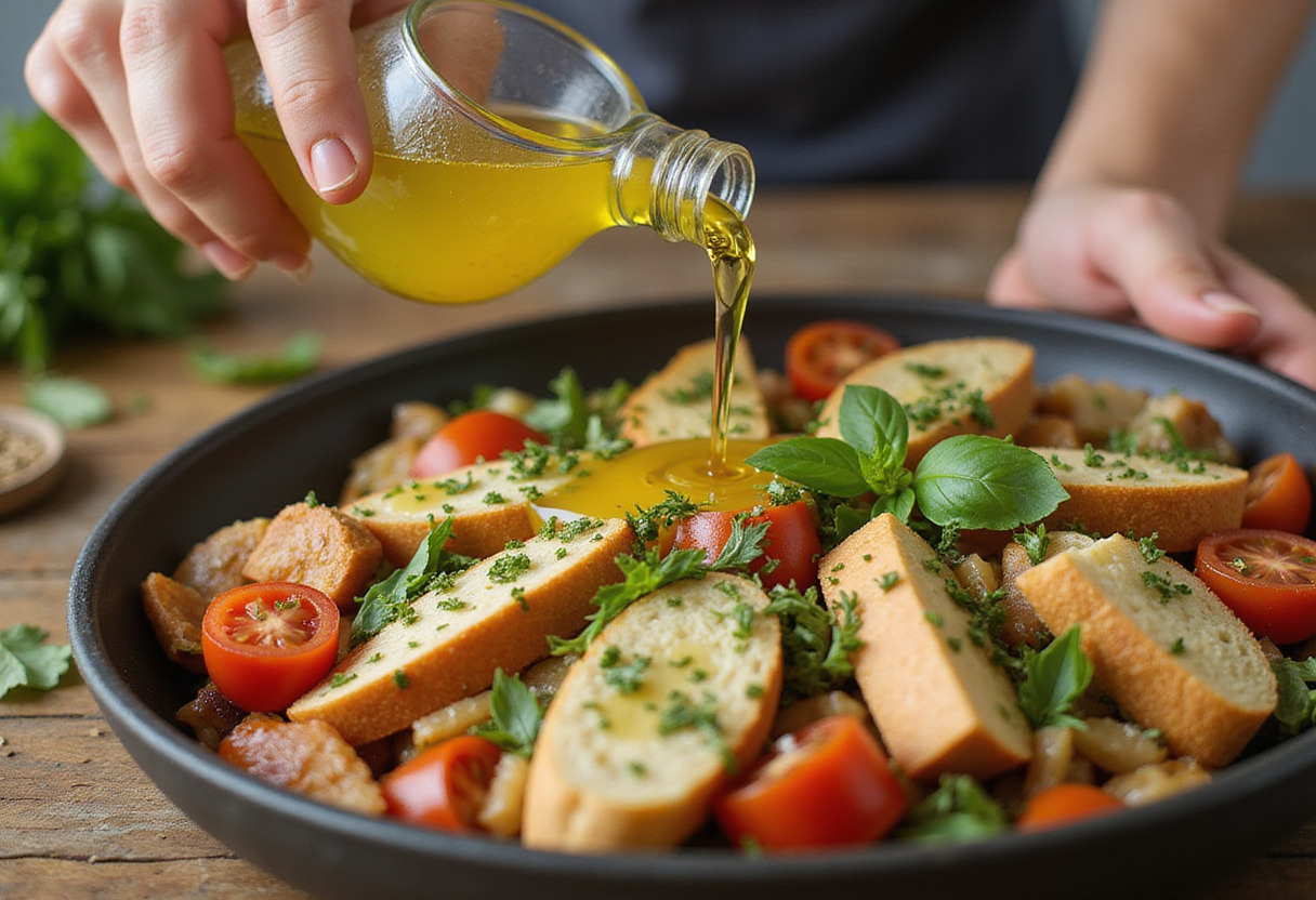 Drizzling olive oil over the fresh ingredients in a Panzanella salad, enhancing the flavors and preparing for a satisfying meal full of Mediterranean essence.