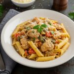 Delicious Cowboy Butter Chicken Pasta served in a bowl, topped with fresh herbs and parmesan, ready for a delightful meal.