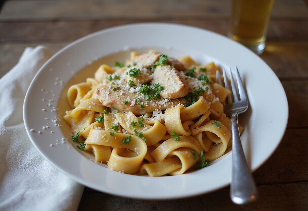 Delicious Cowboy Butter Chicken Pasta served in a bowl, topped with fresh herbs and parmesan, ready for a delightful meal.