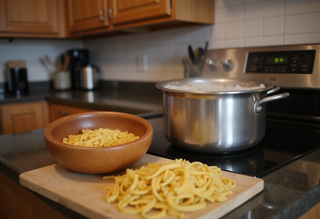 Cowboy Butter Chicken Pasta preparation: boiling water for fresh pasta noodles in a cozy kitchen.