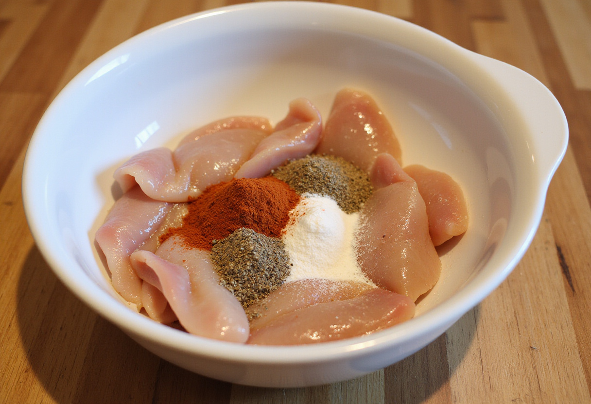 Seasoning chicken for Cowboy Butter Chicken Pasta, showcasing spices and fresh ingredients on a wooden countertop.