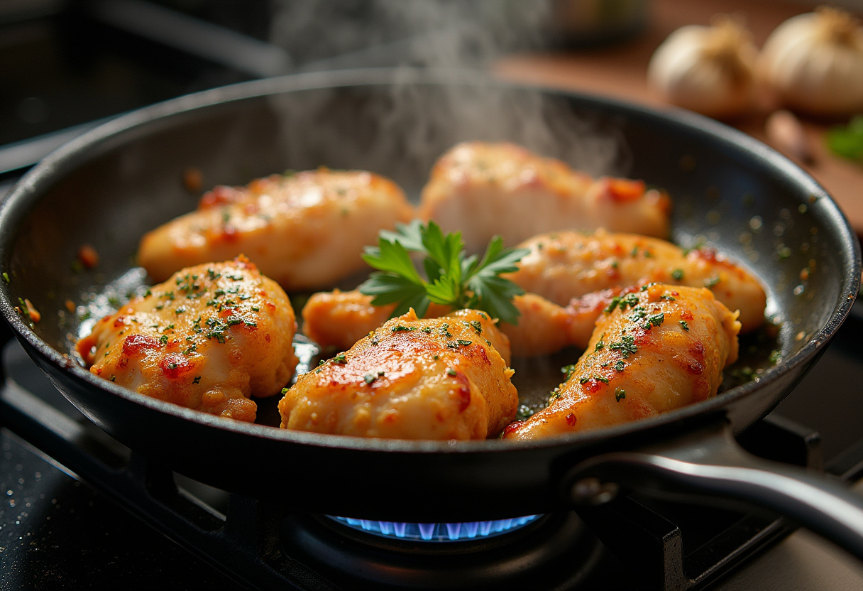 Sautéing chicken with garlic and herbs for Cowboy Butter Chicken Pasta in a skillet, capturing the cooking process.