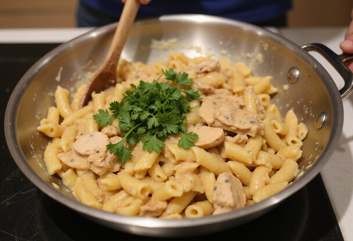 Mixing creamy sauce with pasta and chicken for Cowboy Butter Chicken Pasta, highlighting the final mixing stage.