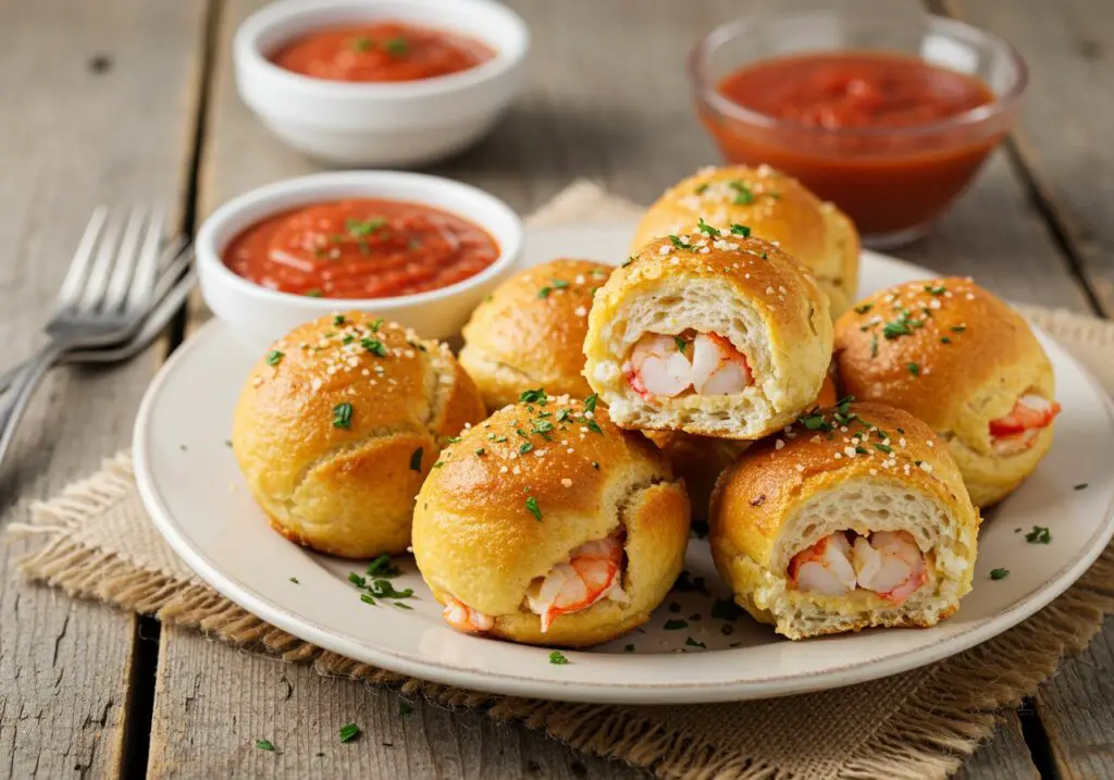 Golden brown crabby shrimp-stuffed garlic bread bombs served hot with marinara sauce, perfect for a savory appetizer