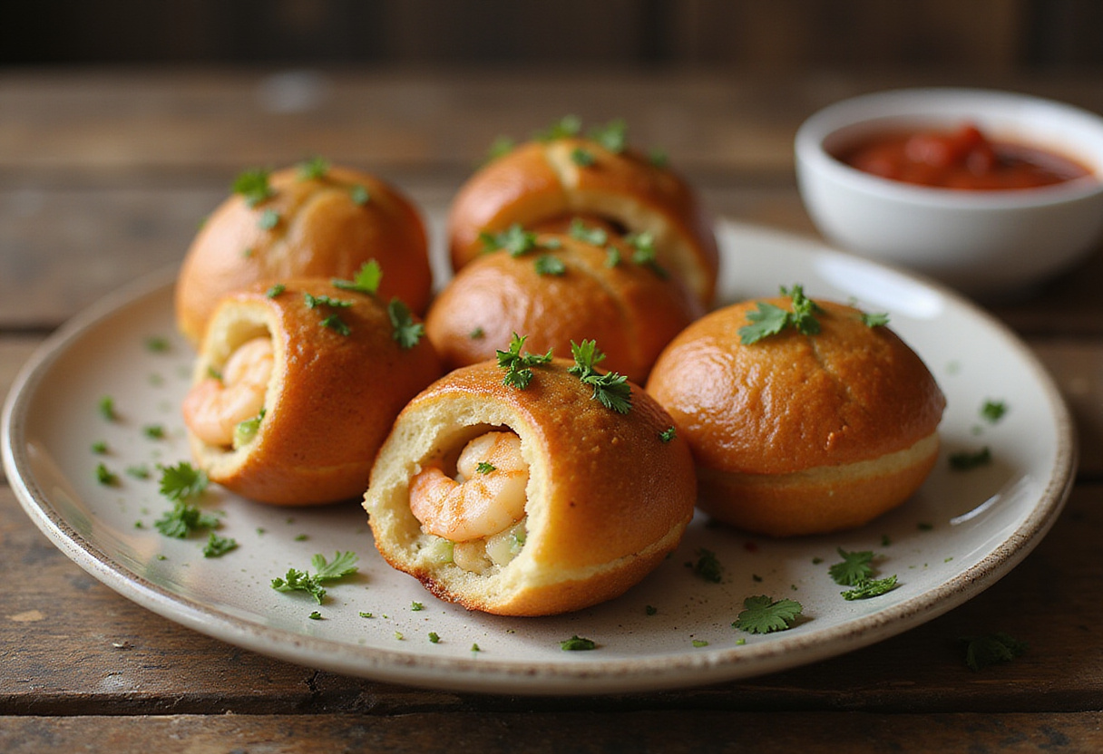 Golden brown crabby shrimp-stuffed garlic bread bombs served hot with marinara sauce, perfect for a savory appetizer