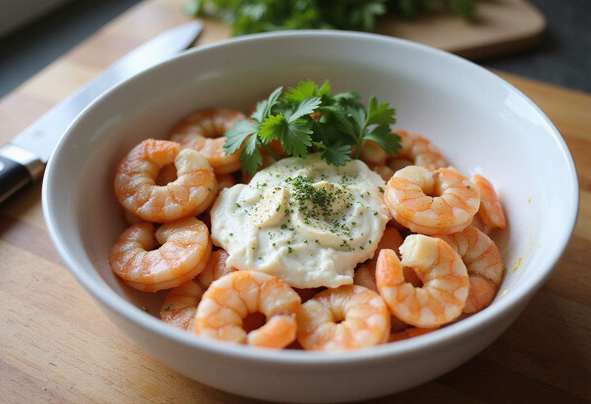 Delicious crab meat and shrimp mixture for crabby shrimp-stuffed garlic bread bombs with cream cheese and herbs