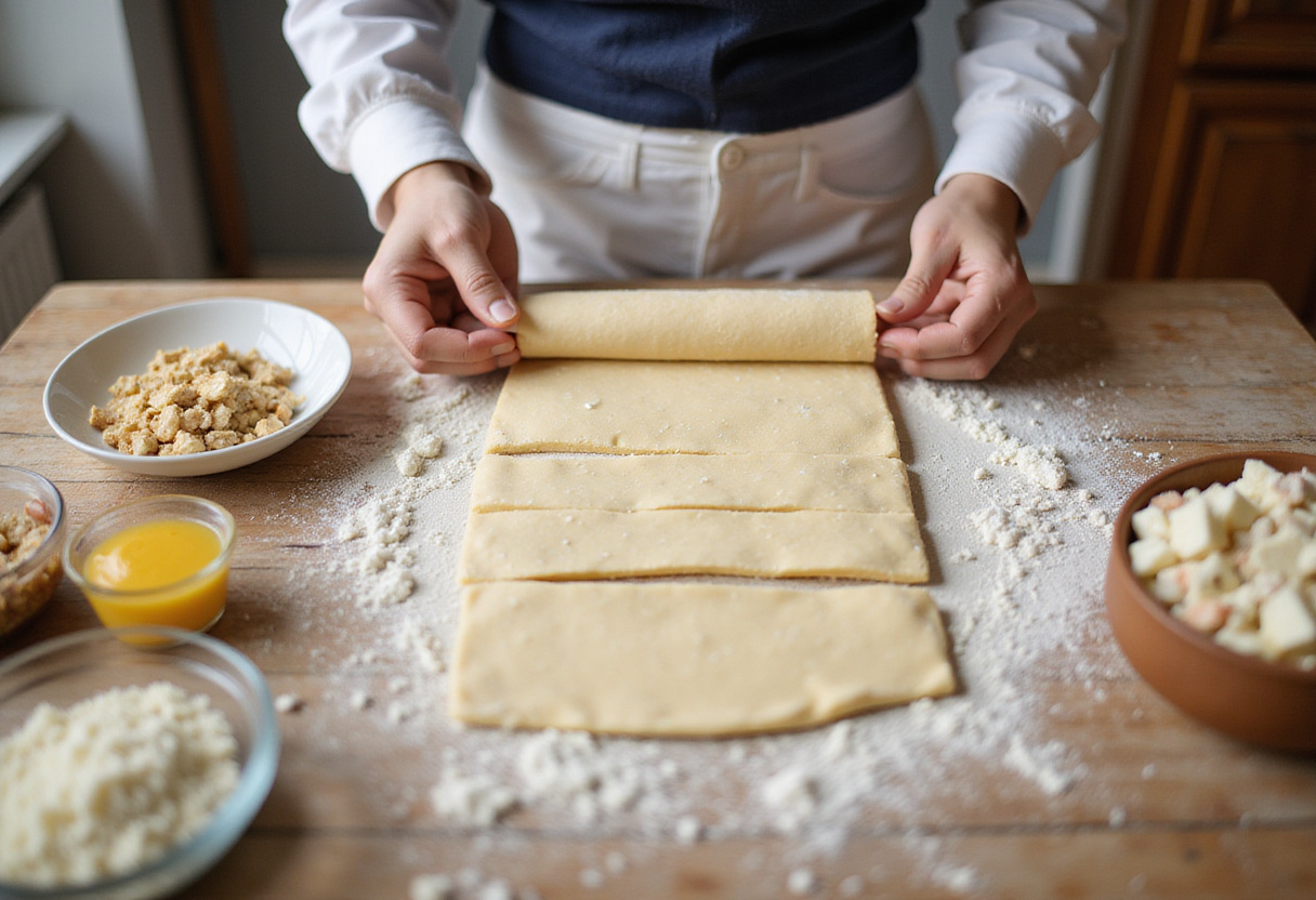 Rolling out dough for crabby shrimp-stuffed garlic bread bombs, ready to be filled with a savory crab and shrimp filling