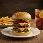 Final presentation of crack burgers with fries on a rustic table, showcasing the perfect burger meal.