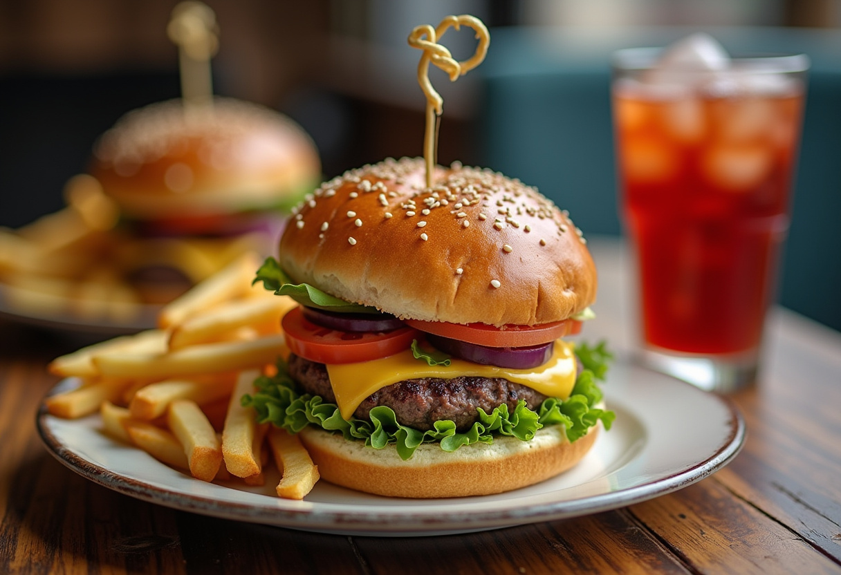 Final presentation of crack burgers with fries on a rustic table, showcasing the perfect burger meal.