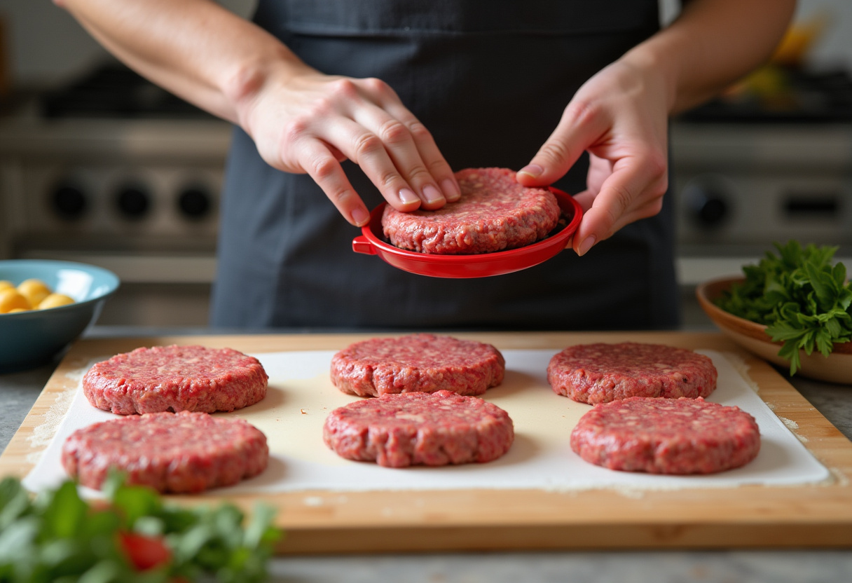 Forming perfect burger patties for crack burgers on a cutting board, showcasing the raw meat preparation process.