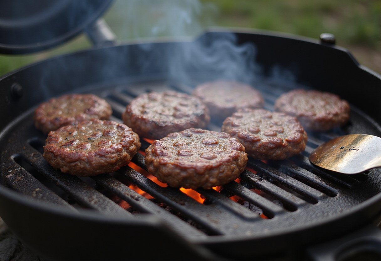Cooking crack burgers on a grill, capturing the delicious sizzle and grill marks of fresh patties.