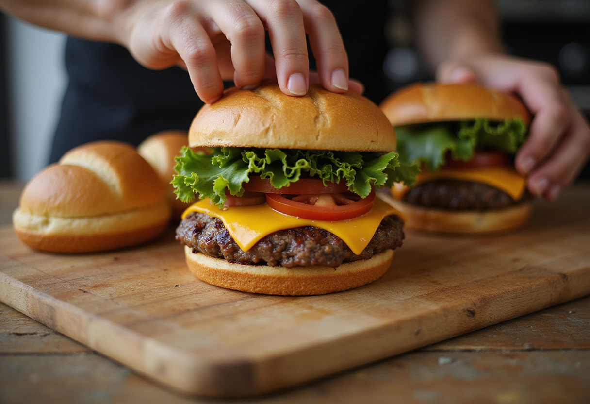 Assembling juicy crack burgers with melted cheese and fresh toppings on a wooden board, showcasing delicious burger creation.