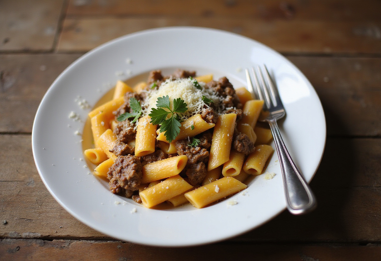 Final presentation of creamy cheesy penne with garlic butter ground beef, showcasing a delicious plate in a cozy dining atmosphere.
