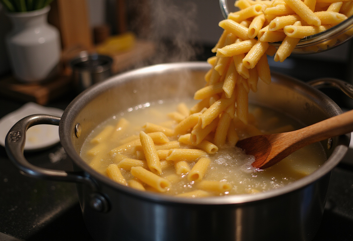 Penne pasta boiling in water for creamy cheesy penne with garlic butter ground beef, cooking ingredients in a kitchen setting.