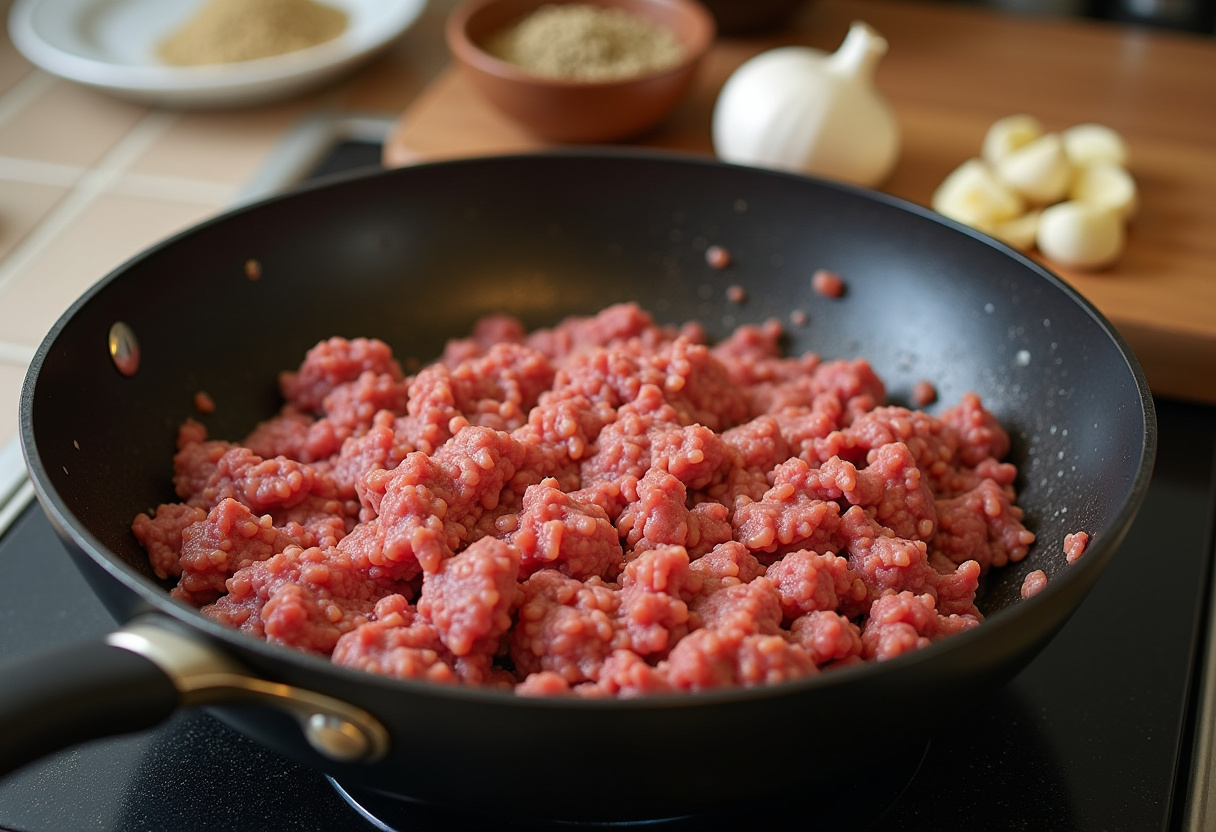 Ground beef being cooked for creamy cheesy penne with garlic butter, showing garlic cloves and seasonings in a kitchen environment.