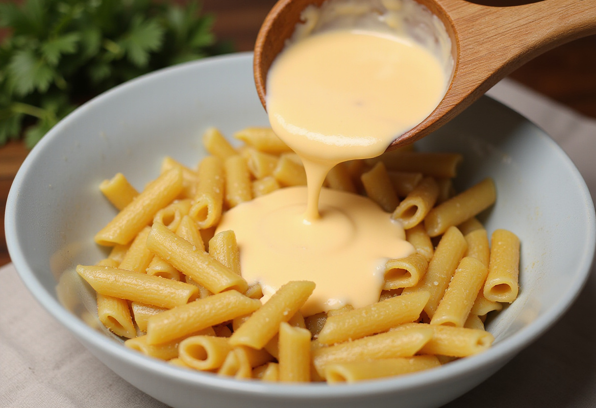 Creamy cheese sauce being mixed with penne pasta for creamy cheesy penne with garlic butter ground beef, ingredients visible in a kitchen setting.