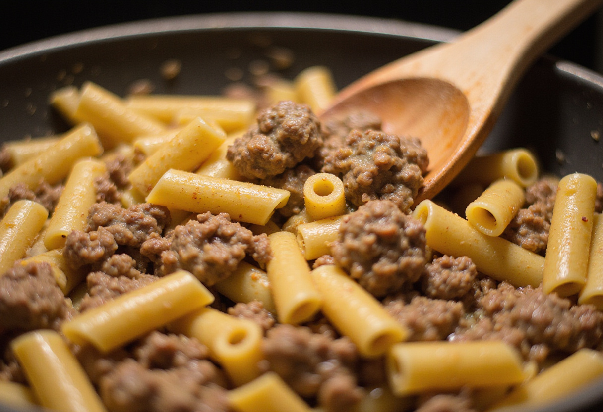 Cooking creamy cheesy penne with garlic butter ground beef in a skillet, showing the delicious combination of flavors in a home kitchen.