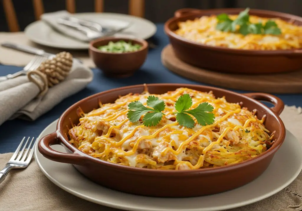 Delicious creamy chicken nacho hashbrown bake served with fresh toppings, beautifully arranged for a family meal