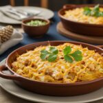 Delicious creamy chicken nacho hashbrown bake served with fresh toppings, beautifully arranged for a family meal