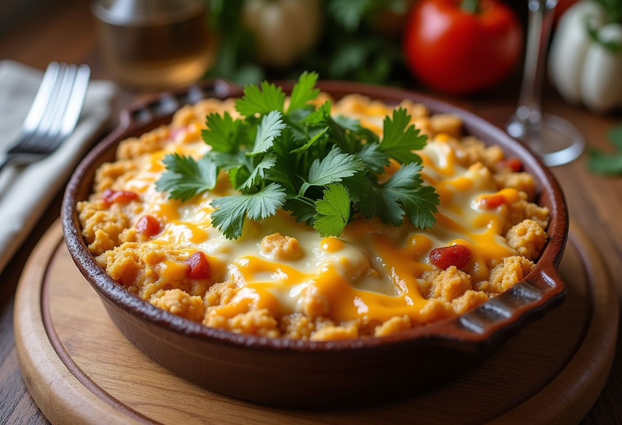 Delicious creamy chicken nacho hashbrown bake served with fresh toppings, beautifully arranged for a family meal