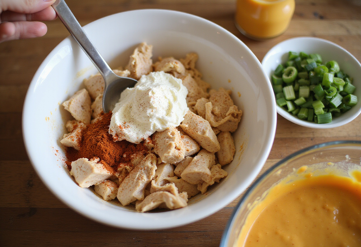 Creamy mixture of chicken and cream cheese for nacho hashbrown bake, featuring spices and fresh green onions