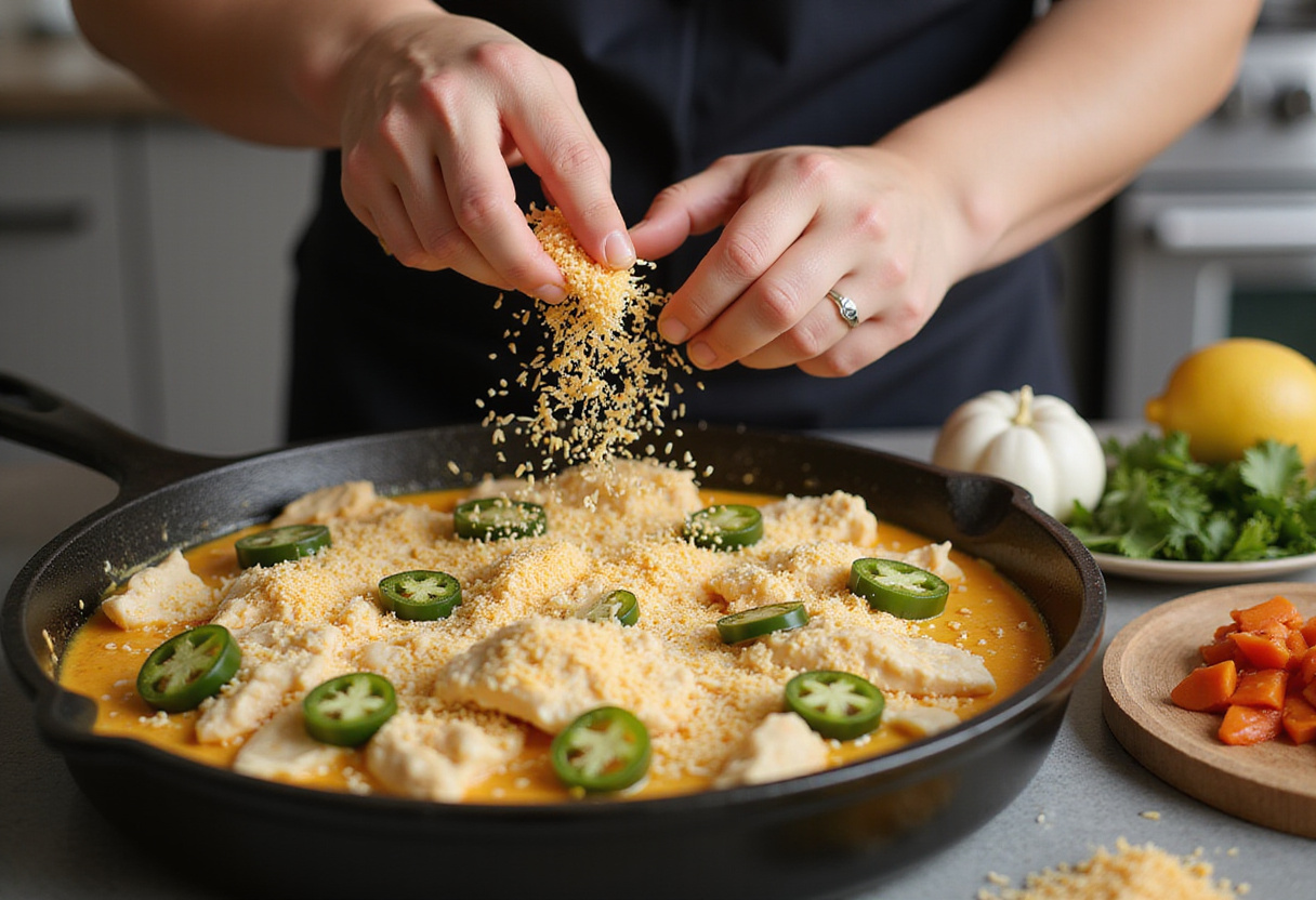 Adding cheese and jalapeños to the creamy chicken mixture in preparation for the hashbrown bake, emphasizing the layering process