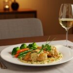 Delicious creamy garlic chicken served with vegetables, showcasing a gourmet meal presentation in a warm dining atmosphere.