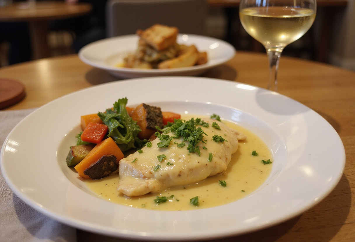 Delicious creamy garlic chicken served with vegetables, showcasing a gourmet meal presentation in a warm dining atmosphere.