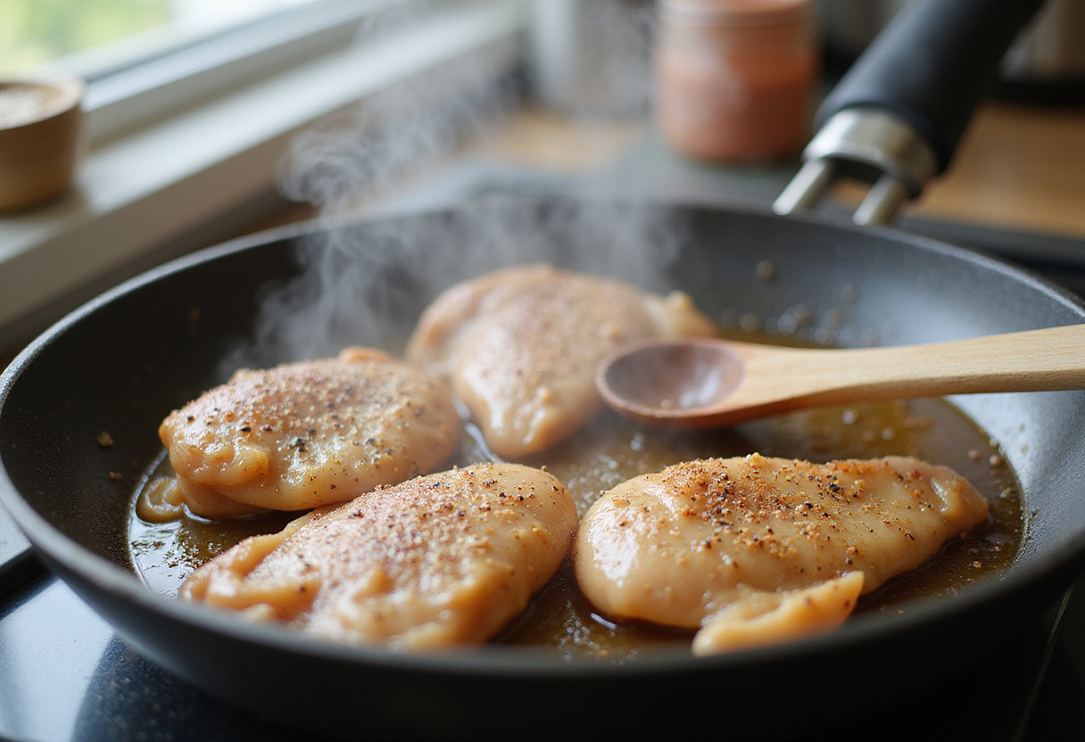 Chicken breast pieces sizzling in a skillet for creamy garlic chicken, highlighting the cooking process with delicious aromas in a home kitchen.