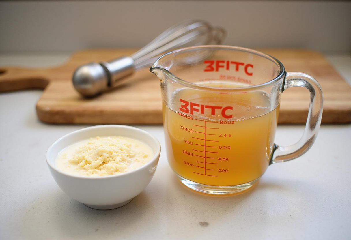 Ingredients like chicken broth, heavy cream, and parmesan cheese gathered for creamy garlic chicken, portraying a well-organized cooking space.