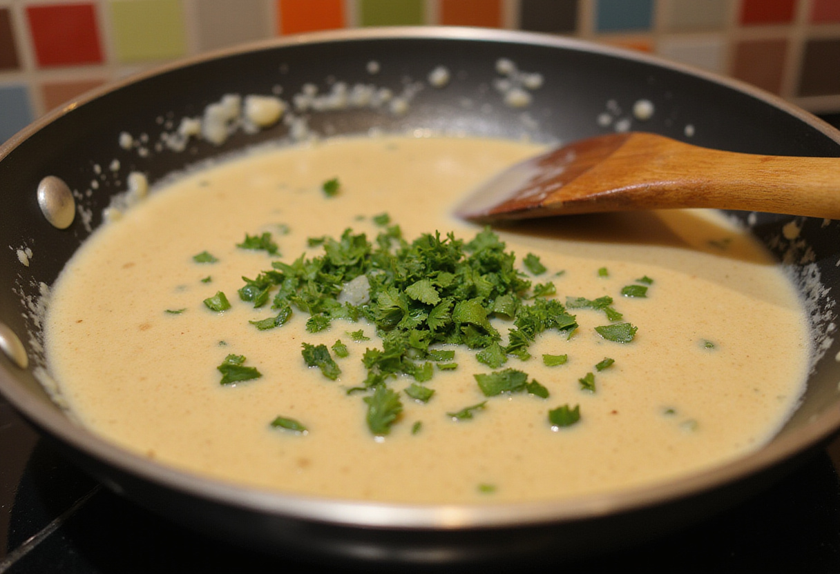 Creamy sauce simmering in a skillet for creamy garlic chicken, emphasizing the rich and savory flavors in a homey kitchen environment.