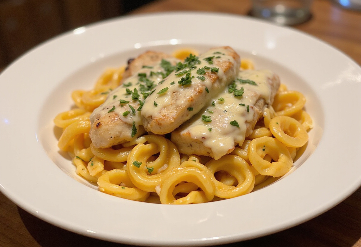 Final presentation of creamy garlic parmesan chicken with cheesy twisted pasta, a delicious and attractive meal.