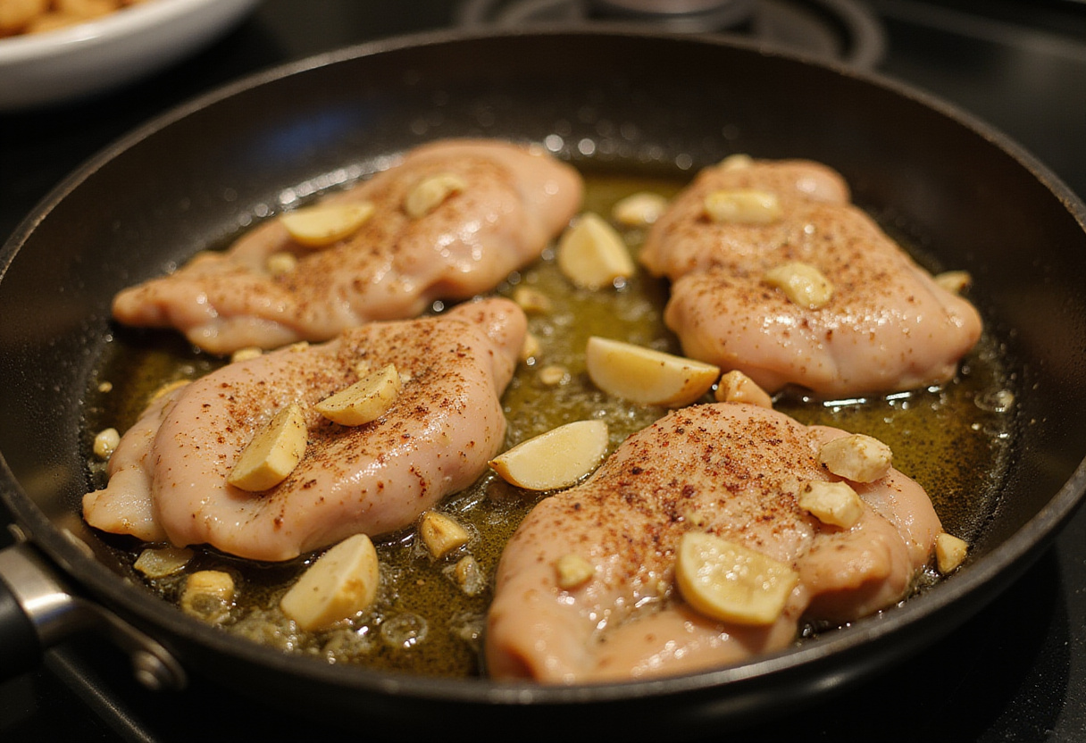 Sizzling chicken breasts with garlic in a skillet, preparing for creamy garlic parmesan chicken with cheesy twisted pasta.