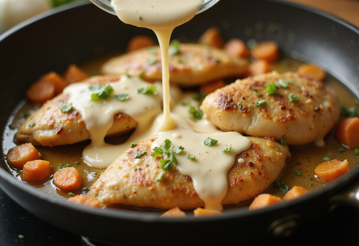 Creamy garlic sauce being added to chicken in a skillet, for a delicious creamy garlic parmesan chicken dish.