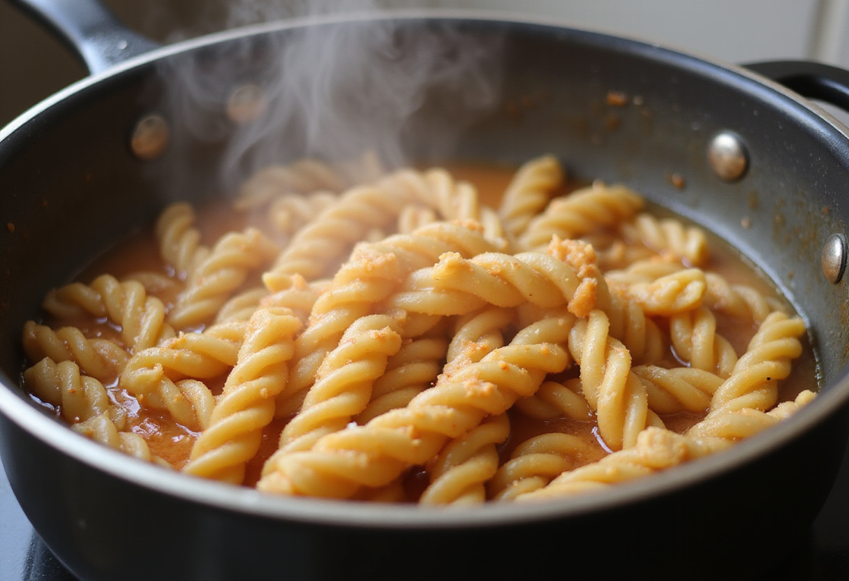 Boiling twisted pasta in a pot, ready to complement creamy garlic parmesan chicken in a savory meal.