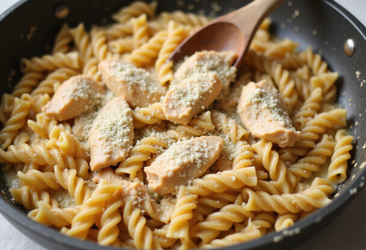 Twisted pasta mixed with creamy garlic parmesan chicken in a skillet, showcasing a rich and cheesy dish.