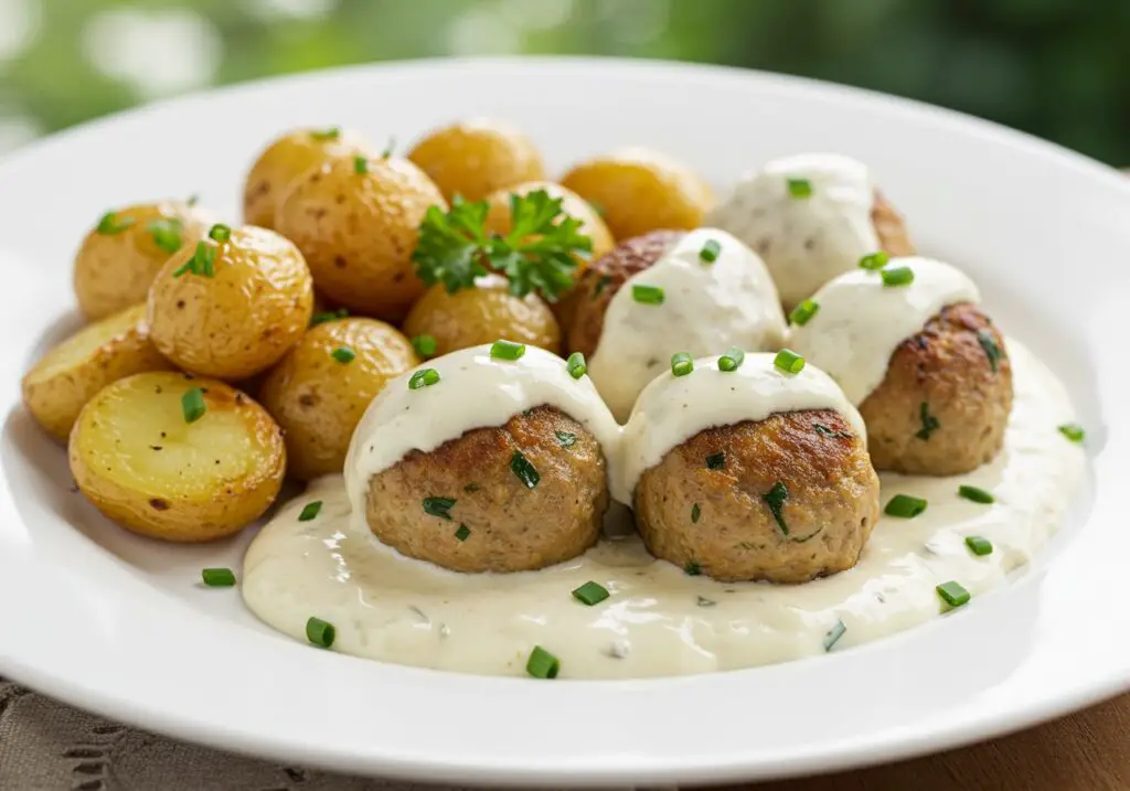 Delicious and inviting Creamy Herb Meatballs with roasted baby potatoes served elegantly on a plate.