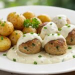 Delicious and inviting Creamy Herb Meatballs with roasted baby potatoes served elegantly on a plate.