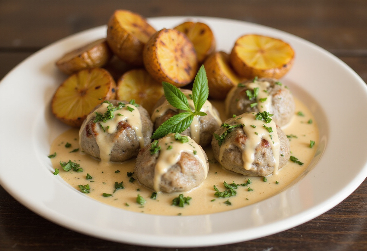 Delicious and inviting Creamy Herb Meatballs with roasted baby potatoes served elegantly on a plate.