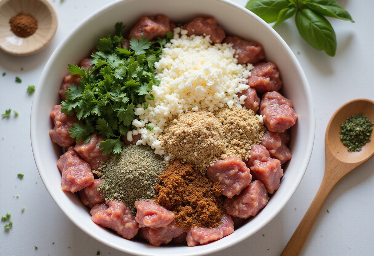 Creamy Herb Meatballs preparation with fresh herbs, breadcrumbs, and ground meat in a mixing bowl.