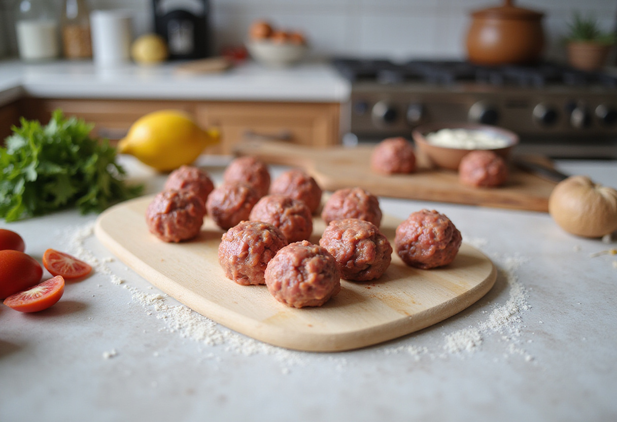 Rolling meatballs for Creamy Herb Meatballs recipe on a kitchen countertop.
