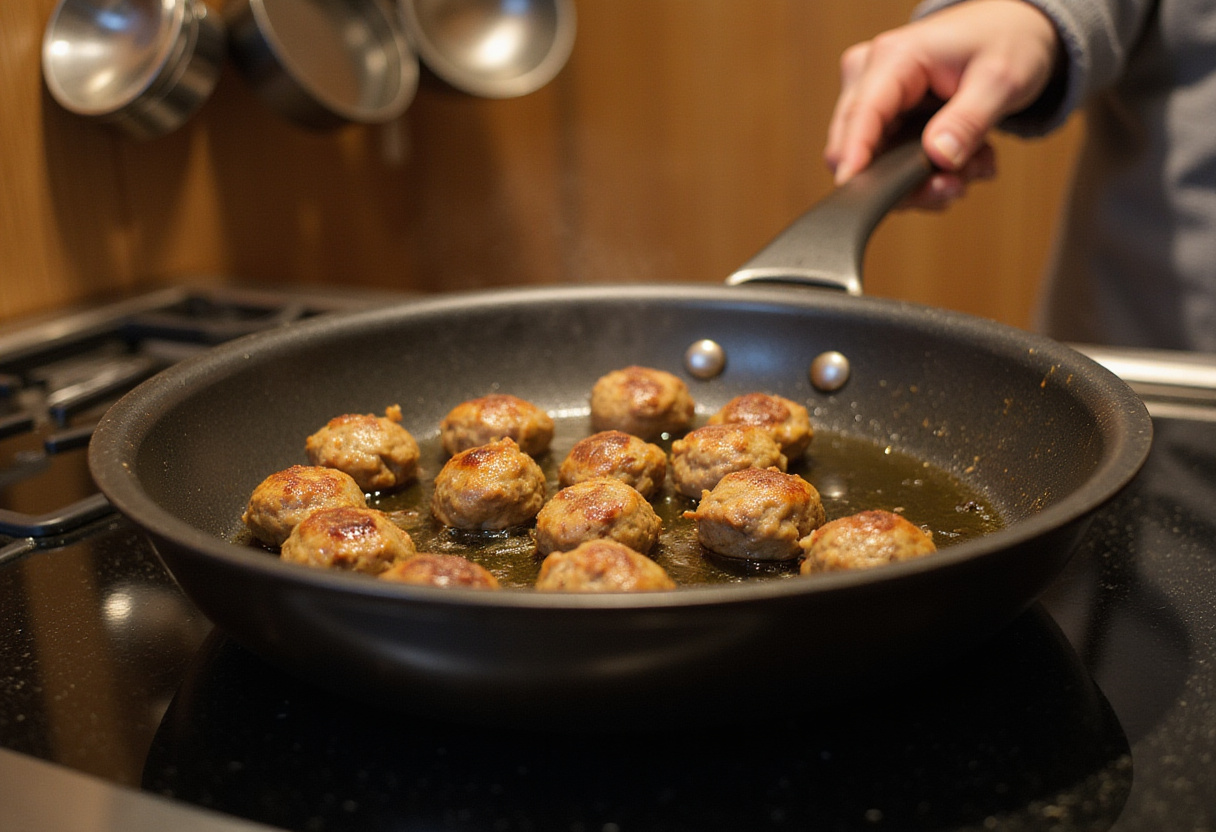 Searing meatballs in a frying pan for Creamy Herb Meatballs, showcasing golden brown color.