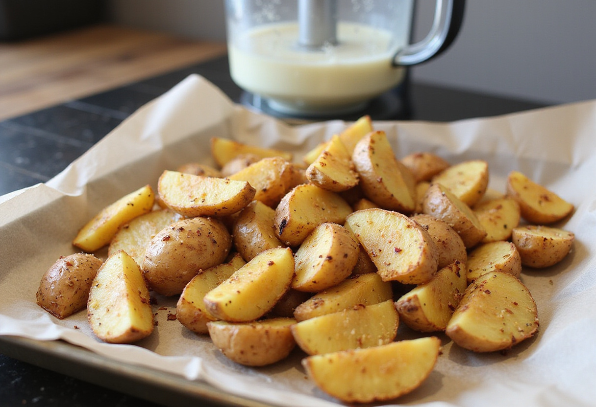 Roasting seasoned baby potatoes for Creamy Herb Meatballs, ready to accompany the meatballs.