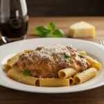 Final presentation of creamy Parmesan beef rigatoni with vibrant garnishes and a glass of wine, perfect for dinner.