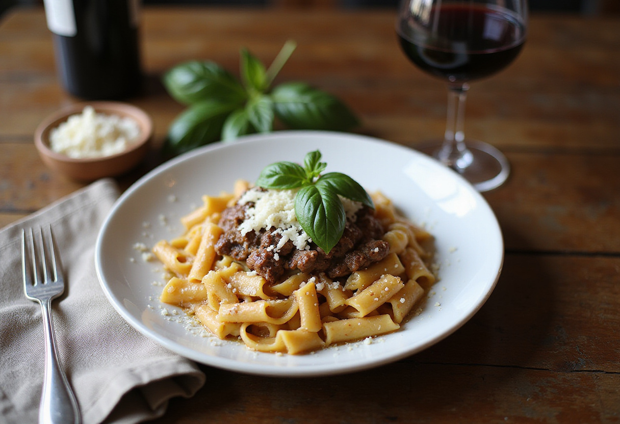 Final presentation of creamy Parmesan beef rigatoni with vibrant garnishes and a glass of wine, perfect for dinner.
