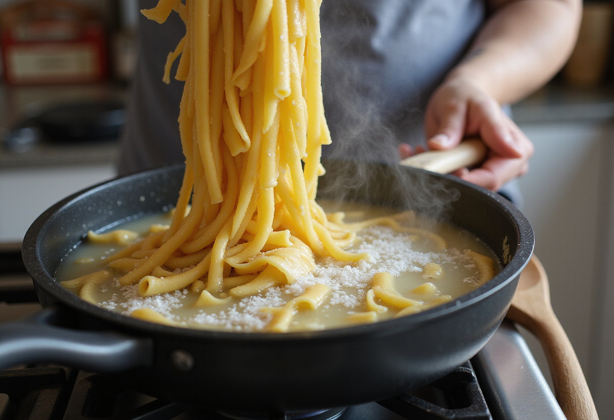 Boiling rigatoni pasta in salted water for creamy Parmesan beef rigatoni recipe.