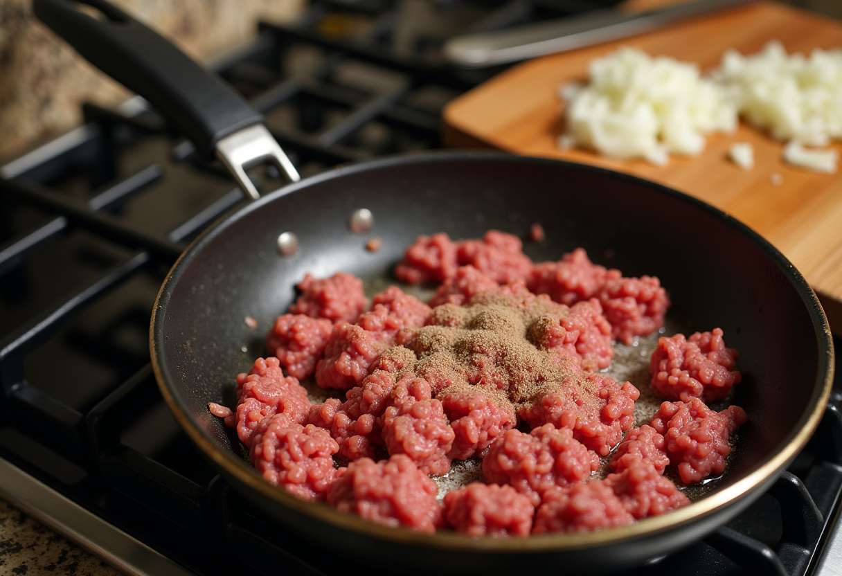 Sizzling ground beef with onions and garlic for a delicious creamy Parmesan beef rigatoni.