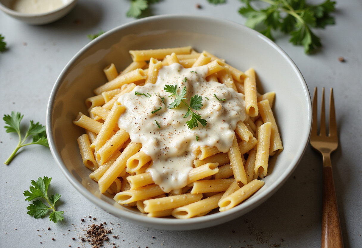 Mixing creamy Parmesan sauce with rigatoni pasta for a delicious beef rigatoni dish.