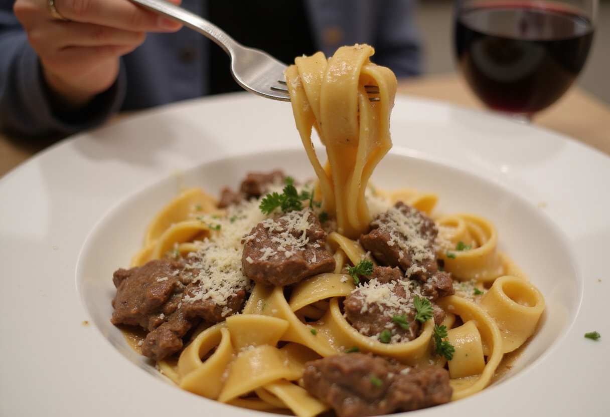Serving creamy Parmesan beef rigatoni garnished with fresh herbs and cheese for a perfect dinner.