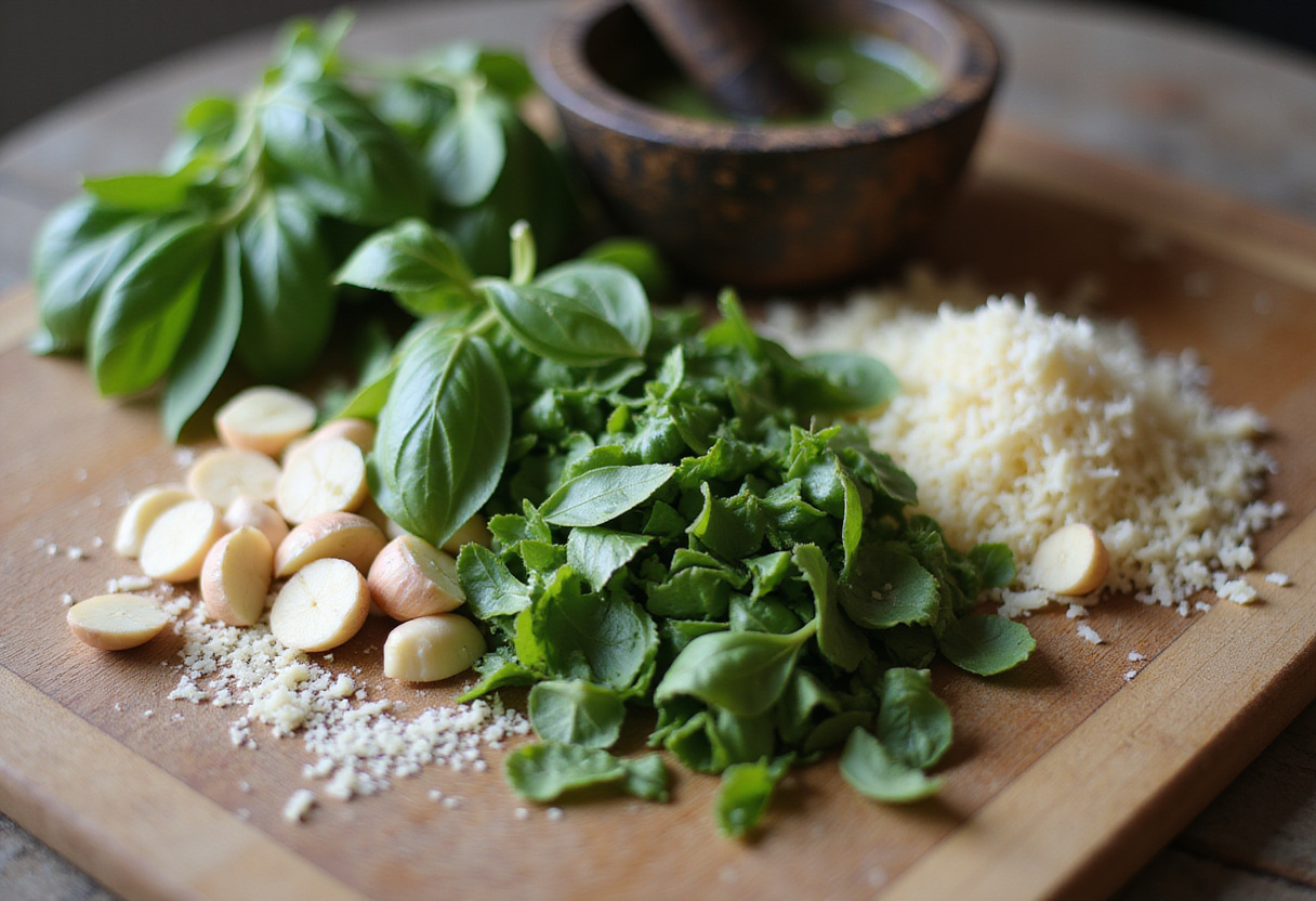 Fresh basil leaves, pine nuts, and garlic for creamy pesto chicken delight preparation.
